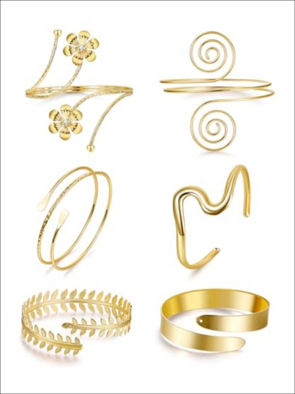 6Pc Gold Plated Arm Cuff Set Adjustable Flower Coil Bangle Bracelets
